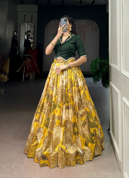 Mustard Colour Tussar Silk With Printed Lehenga With Blouse Indo Western Bulk Orders In India NNK1137